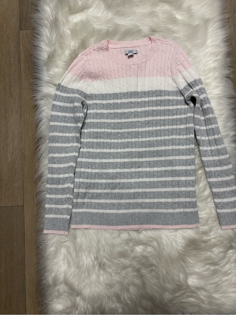 croft‎ & barrow Pink, White & Gray Striped Cable Crew Sweater